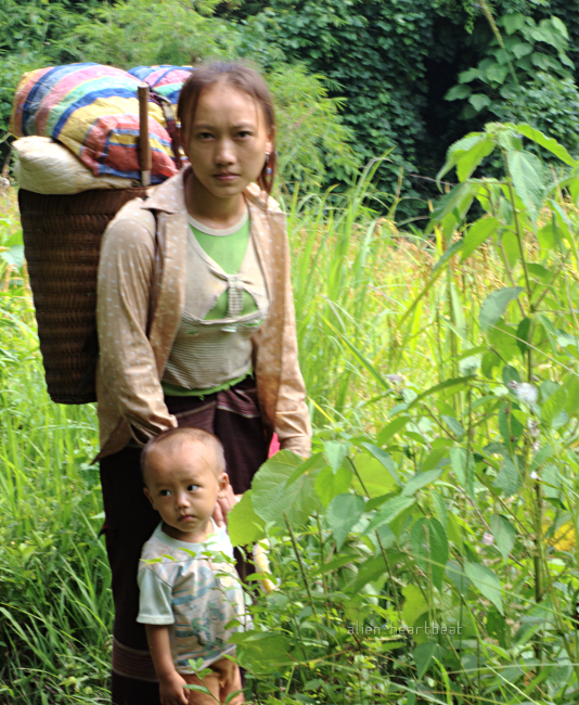 Laos: hmong woman on mountain track